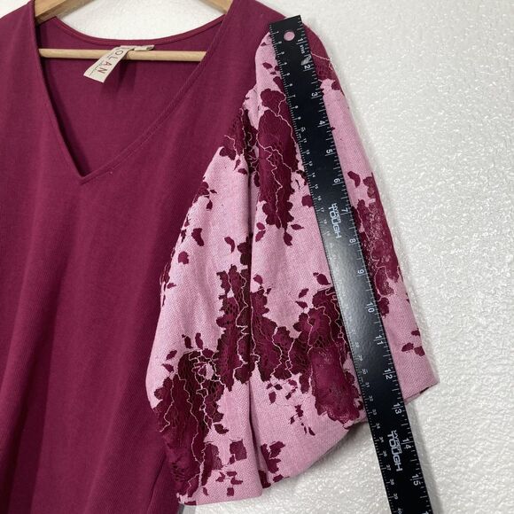 Dolan Shirt Womens Medium Burgundy Pink V-Neck Puff Sleeve Floral Lace Knit - Picture 8 of 16